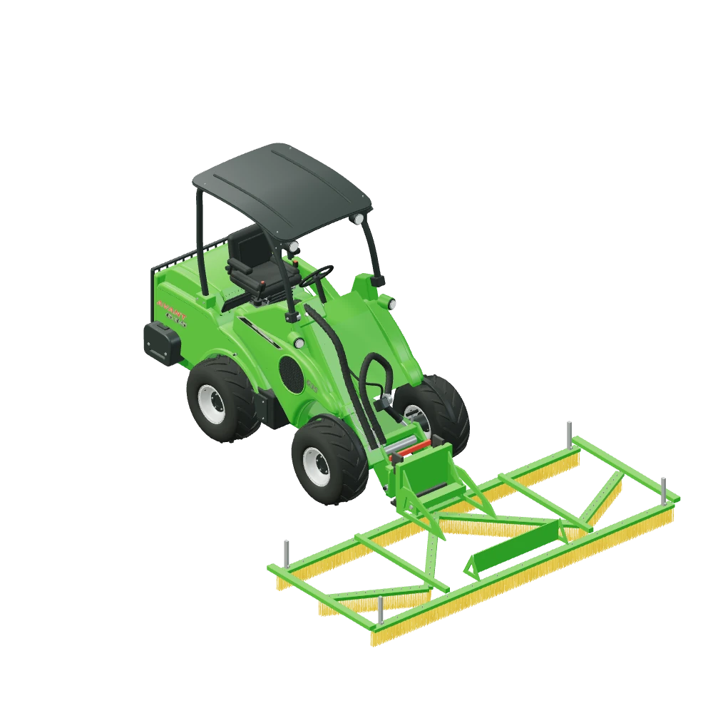 Stiliseret 3D-illustration af Kunstgræs vedligeholdelsesbørste monteret på Avant 635.