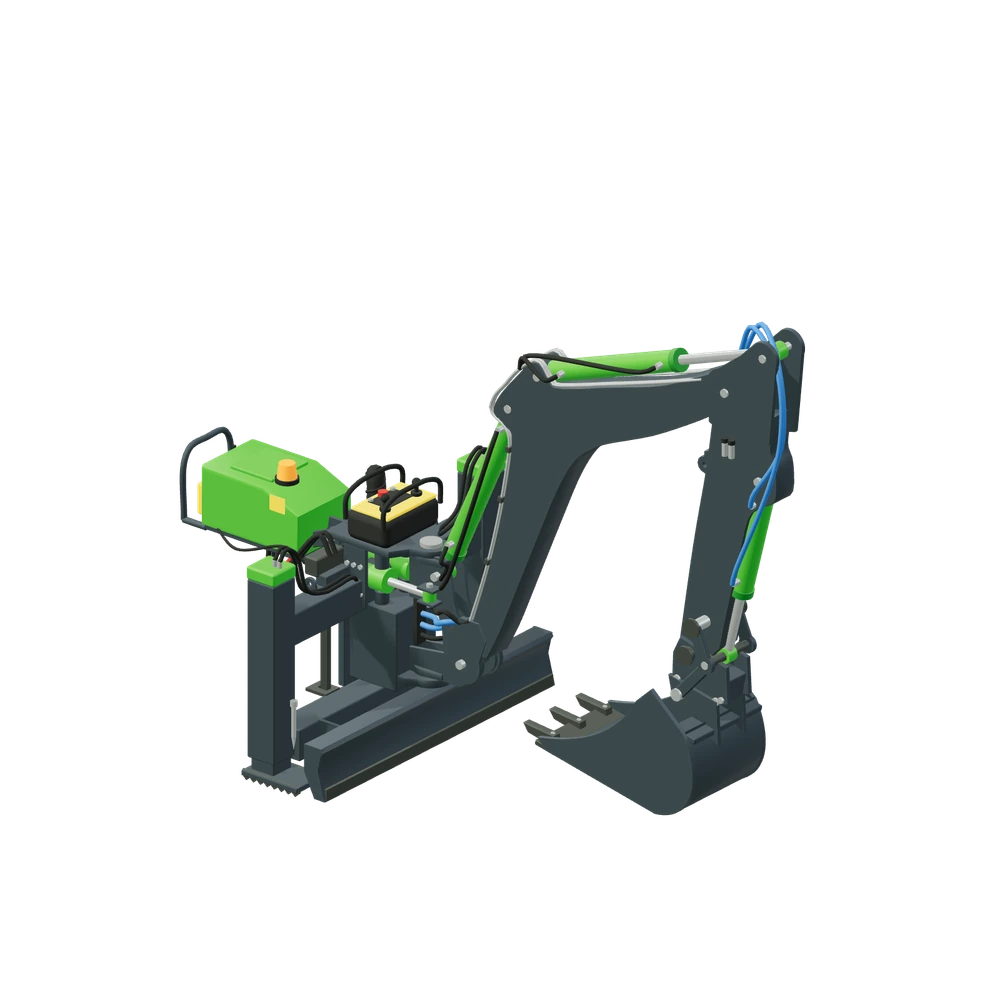 Stiliseret 3D-illustration af Rendegraverarm med trådløs betjening monteret på Avant 635.