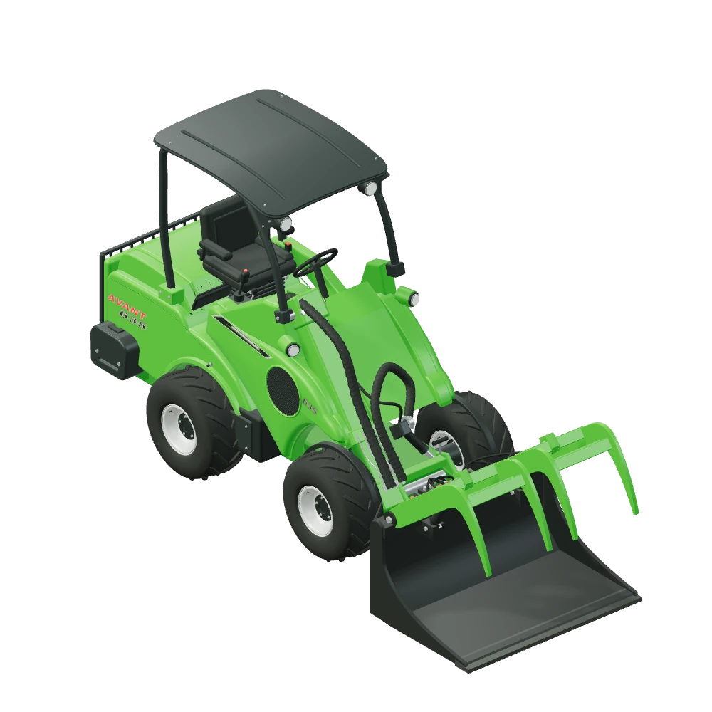 Stiliseret 3D-illustration af Skovl med Overfald DC monteret på Avant 635.