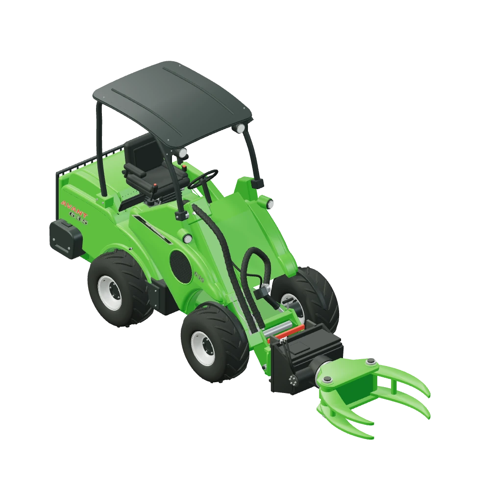 Stiliseret 3D-illustration af Skovklo fast / med rotator monteret på Avant 635.