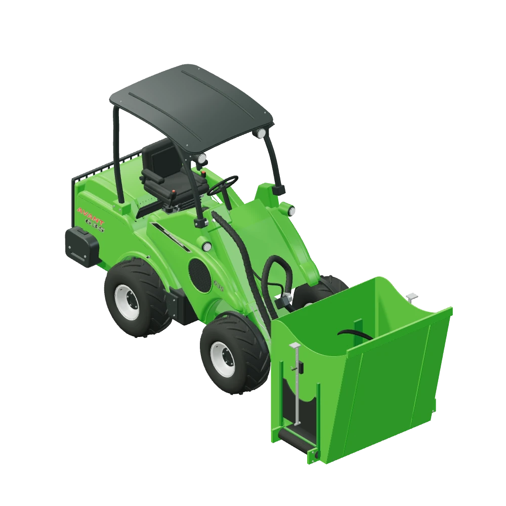 Stiliseret 3D-illustration af Ensilagefoderkasse monteret på Avant 635.