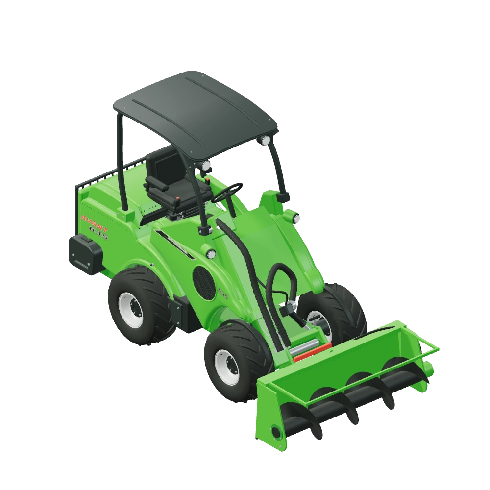 Stiliseret 3D-illustration af Ensilageindlægger monteret på Avant 635.